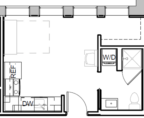 Floor plan for studio, 1 bath, 303 sqft